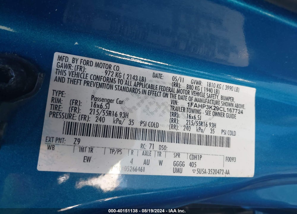 2012 FORD FOCUS SE VIN: 1FAHP3K29CL167724