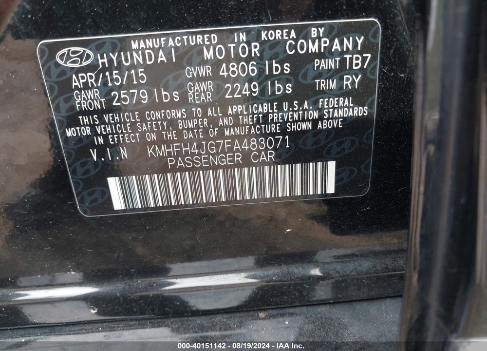 2015 HYUNDAI AZERA LIMITED VIN: KMHFH4JG7FA483071