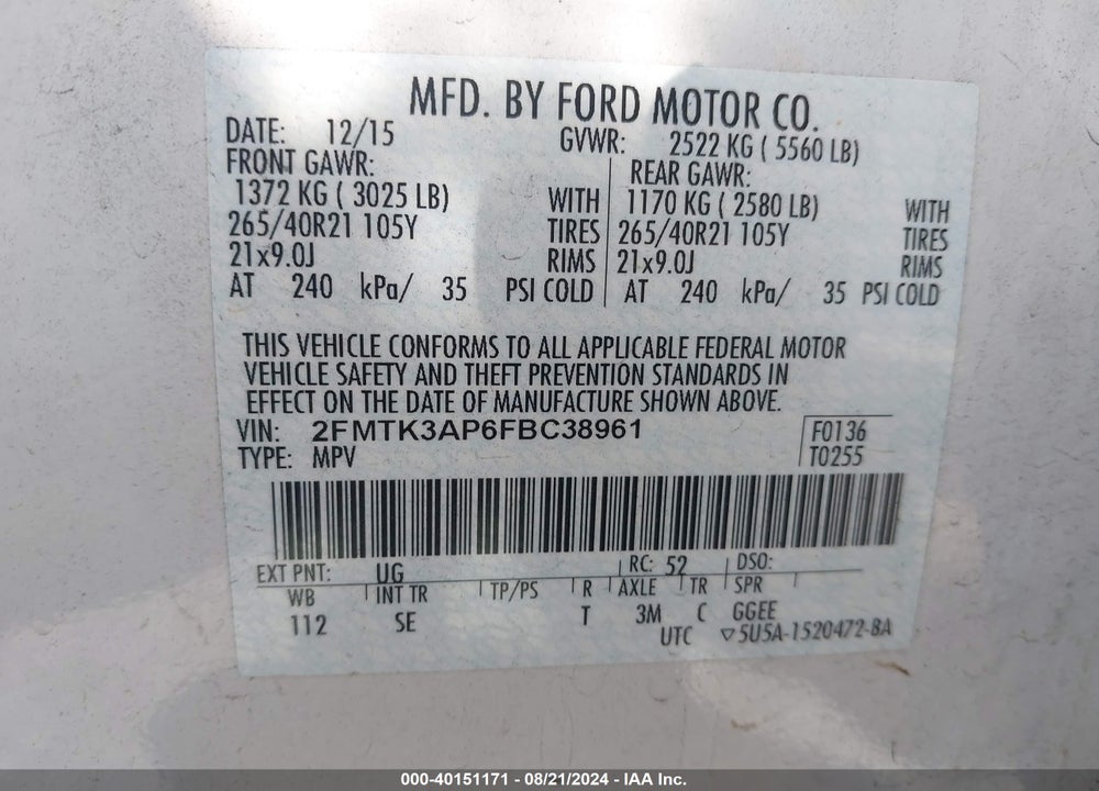 2015 FORD EDGE SPORT VIN: 2FMTK3AP6FBC38961