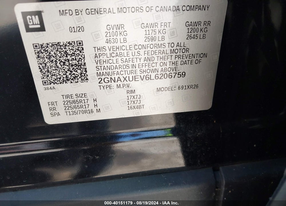 2020 CHEVROLET EQUINOX AWD LT 1.5L TURBO VIN: 2GNAXUEV6L6206759