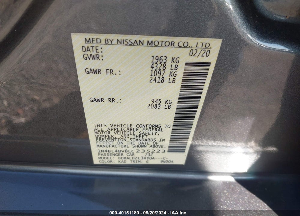 2020 NISSAN ALTIMA S FWD VIN: 1N4BL4BV8LC235223