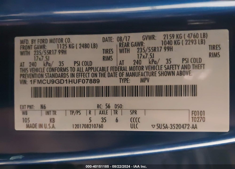 2017 FORD ESCAPE SE VIN: 1FMCU9GD1HUF07889