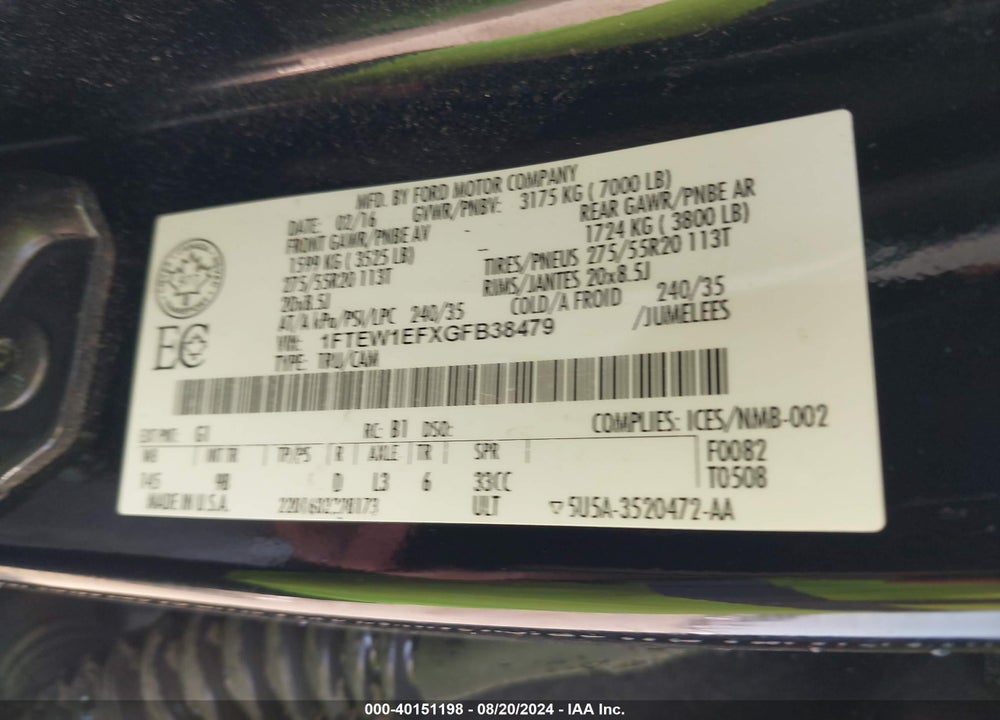 2016 FORD F-150 PLATINUM VIN: 1FTEW1EFXGFB38479