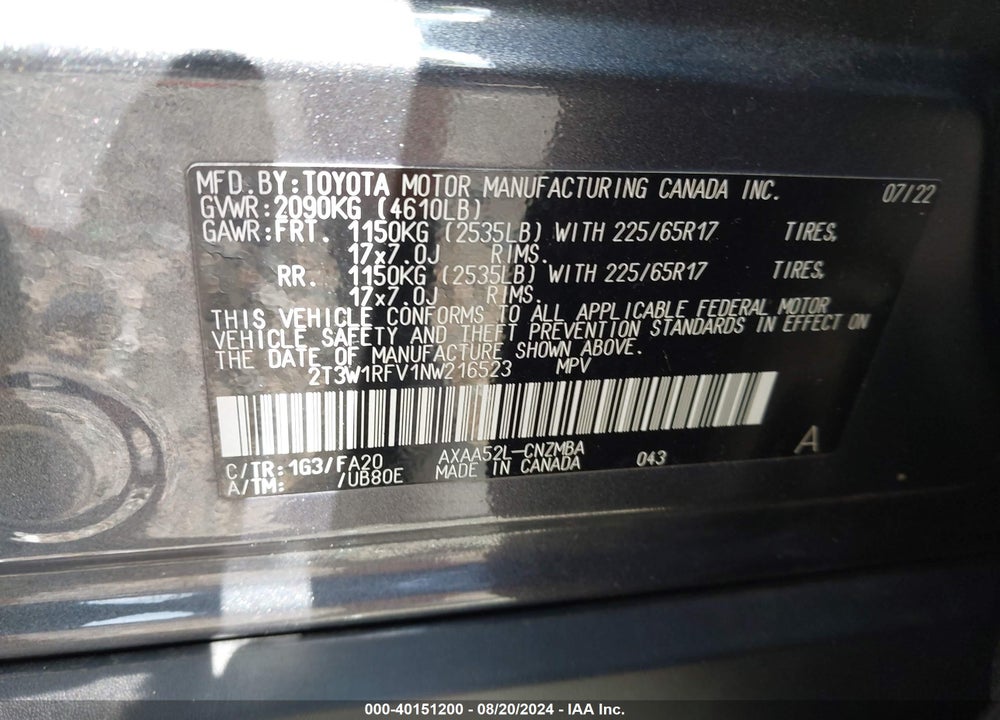 2022 TOYOTA RAV4 XLE VIN: 2T3W1RFV1NW216523
