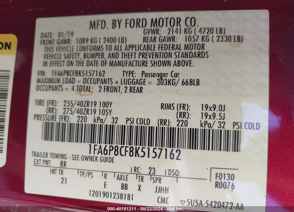2019 FORD MUSTANG GT VIN: 1FA6P8CF8K5157162