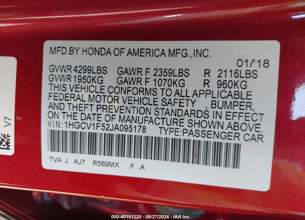 2018 HONDA ACCORD EX-L VIN: 1HGCV1F52JA095178