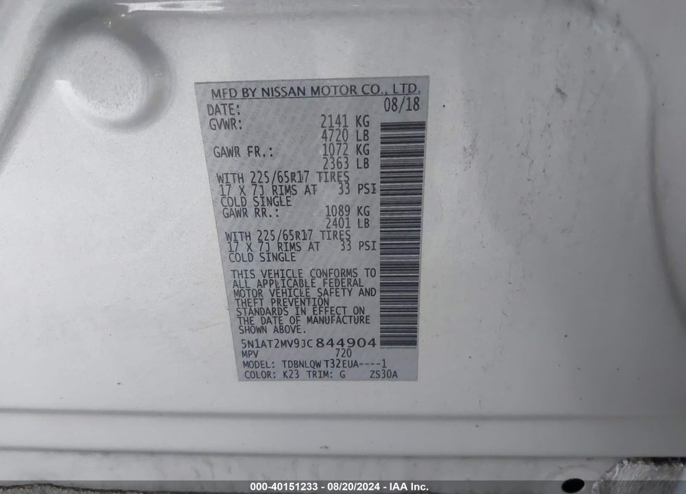 2018 NISSAN ROGUE SV VIN: 5N1AT2MV9JC844904