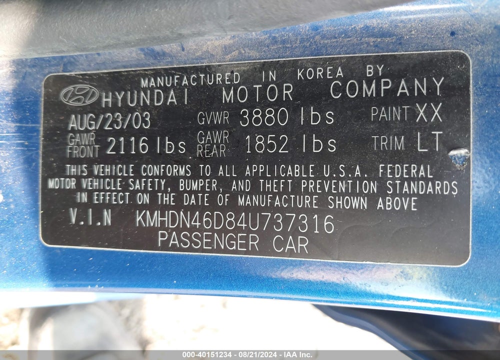 2004 HYUNDAI ELANTRA GLS/GT VIN: KMHDN46D84U737316