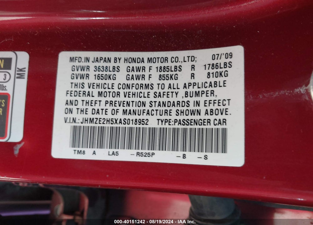 2010 HONDA INSIGHT LX VIN: JHMZE2H5XAS018952