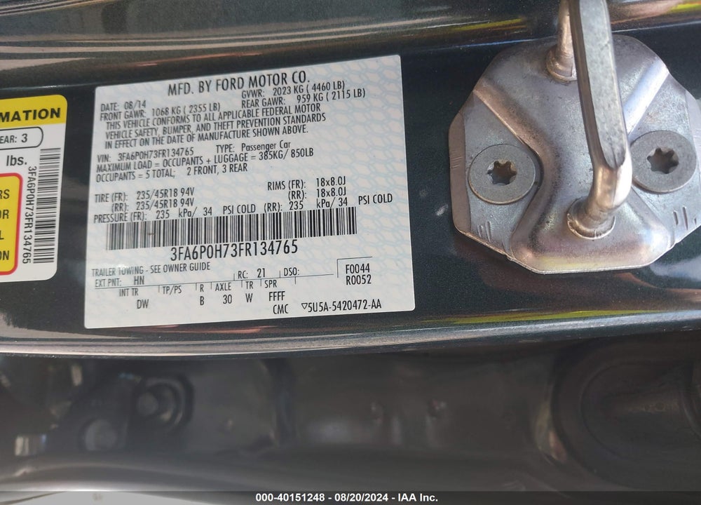 2015 FORD FUSION SE VIN: 3FA6P0H73FR134765