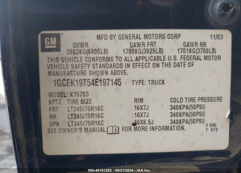 2004 CHEVROLET SILVERADO 1500 LS VIN: 1GCEK19T54E197145