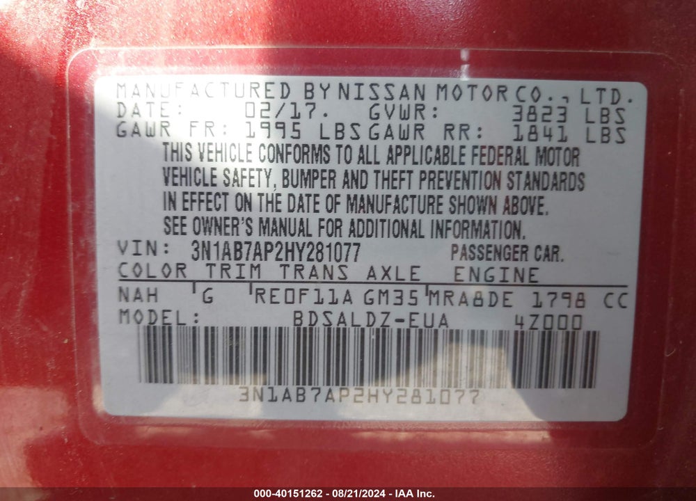 2017 NISSAN SENTRA SV VIN: 3N1AB7AP2HY281077