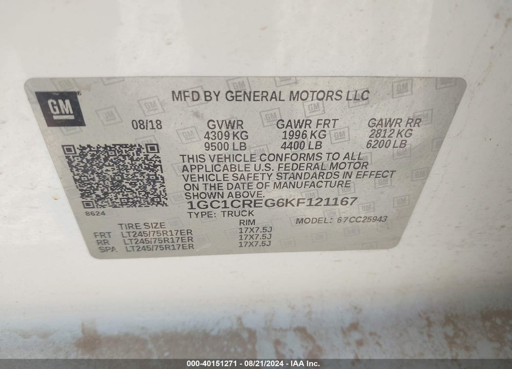 2019 CHEVROLET SILVERADO 2500HD WT VIN: 1GC1CREG6KF121167