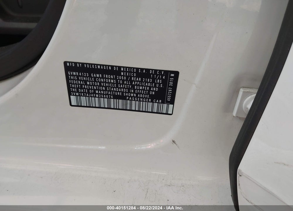 2015 VOLKSWAGEN JETTA 2.0L S VIN: 3VW1K7AJ4FM256076