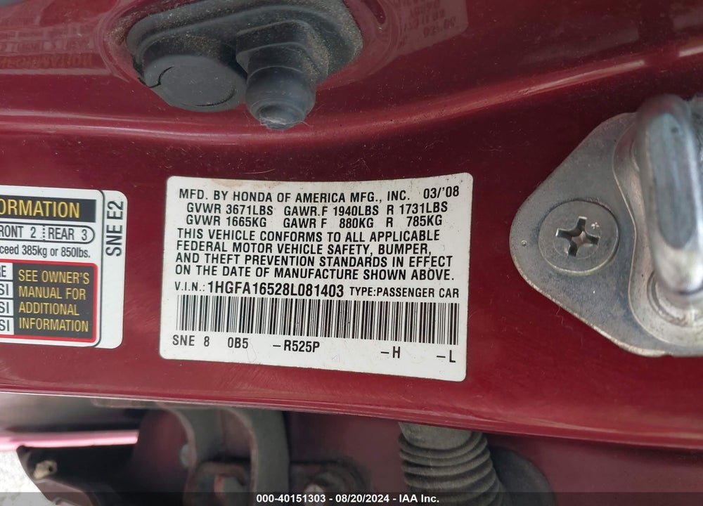 2008 HONDA CIVIC SDN VIN: 1HGFA16528L081403