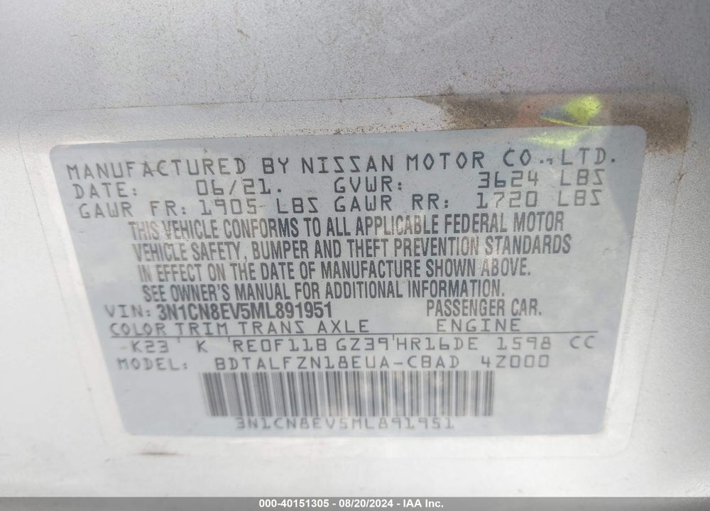2021 NISSAN VERSA SV XTRONIC CVT VIN: 3N1CN8EV5ML891951