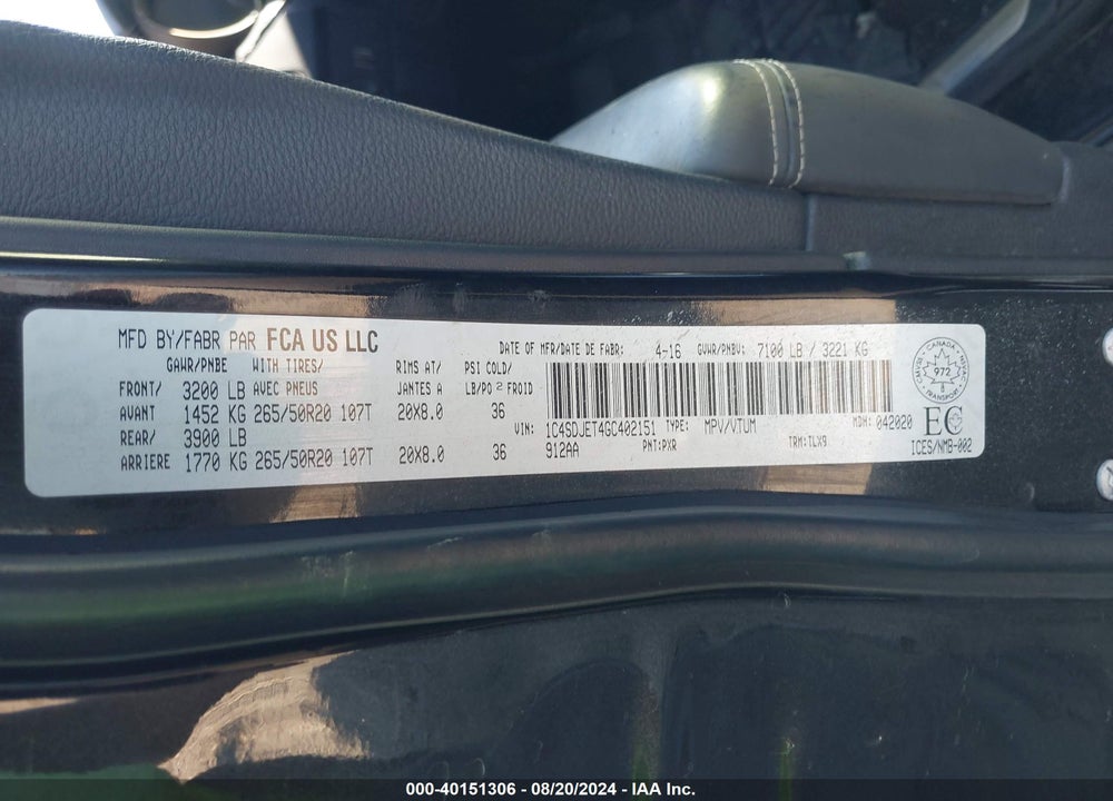 2016 DODGE DURANGO CITADEL VIN: 1C4SDJET4GC402151