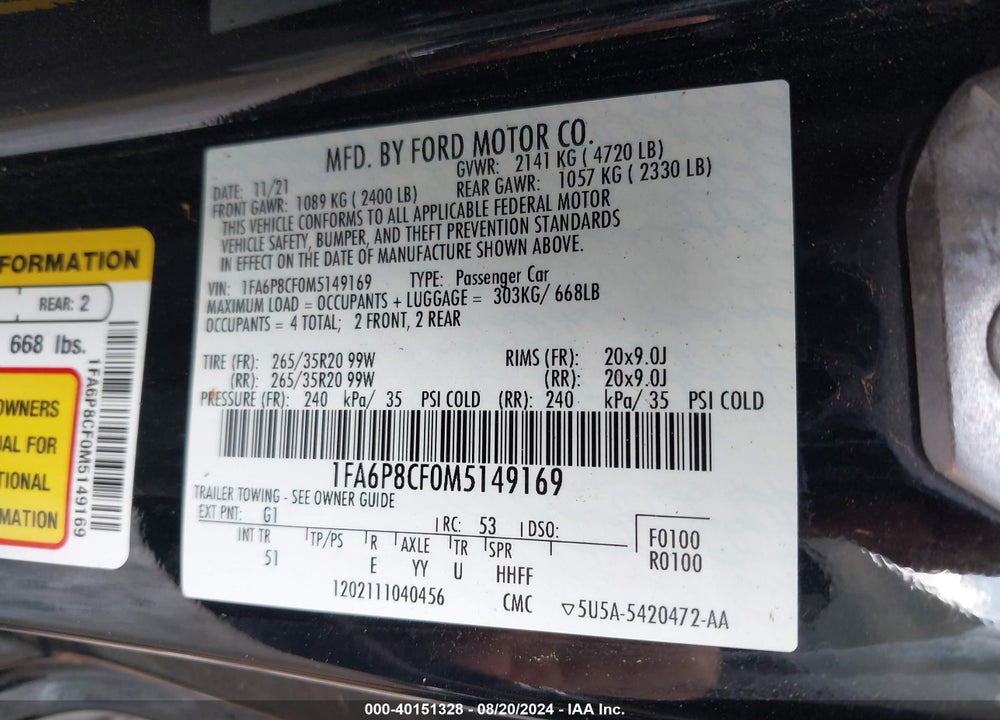 2021 FORD MUSTANG VIN: 1FA6P8CF0M5149169