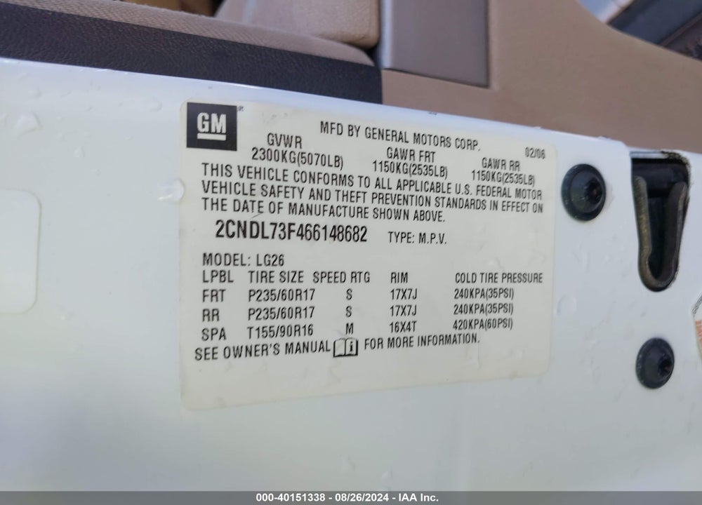 2006 CHEVROLET EQUINOX LT VIN: 2CNDL73F466148682