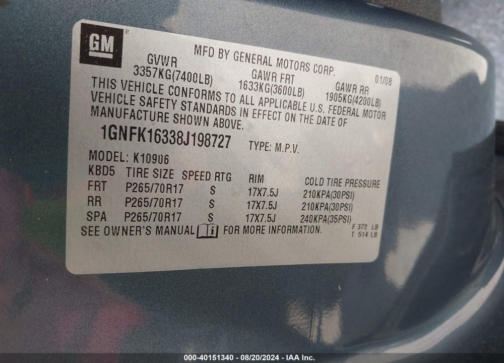 2008 CHEVROLET SUBURBAN 1500 LT VIN: 1GNFK16338J198727