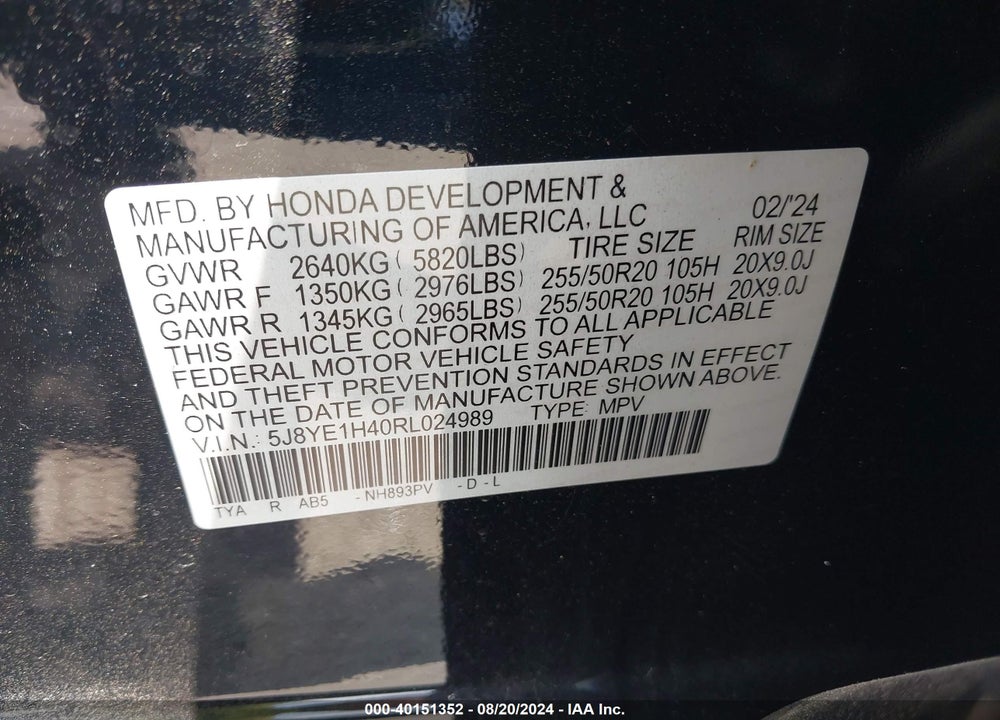 2024 ACURA MDX TECHNOLOGY PACKAGE VIN: 5J8YE1H40RL024989