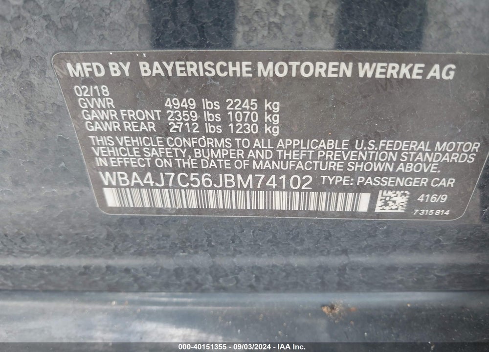 2018 BMW 440I GRAN COUPE XDRIVE VIN: WBA4J7C56JBM74102