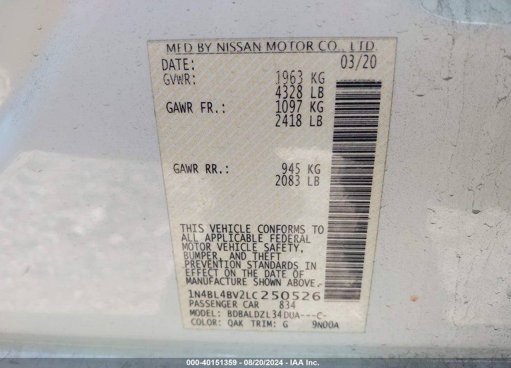 2020 NISSAN ALTIMA S FWD VIN: 1N4BL4BV2LC250526