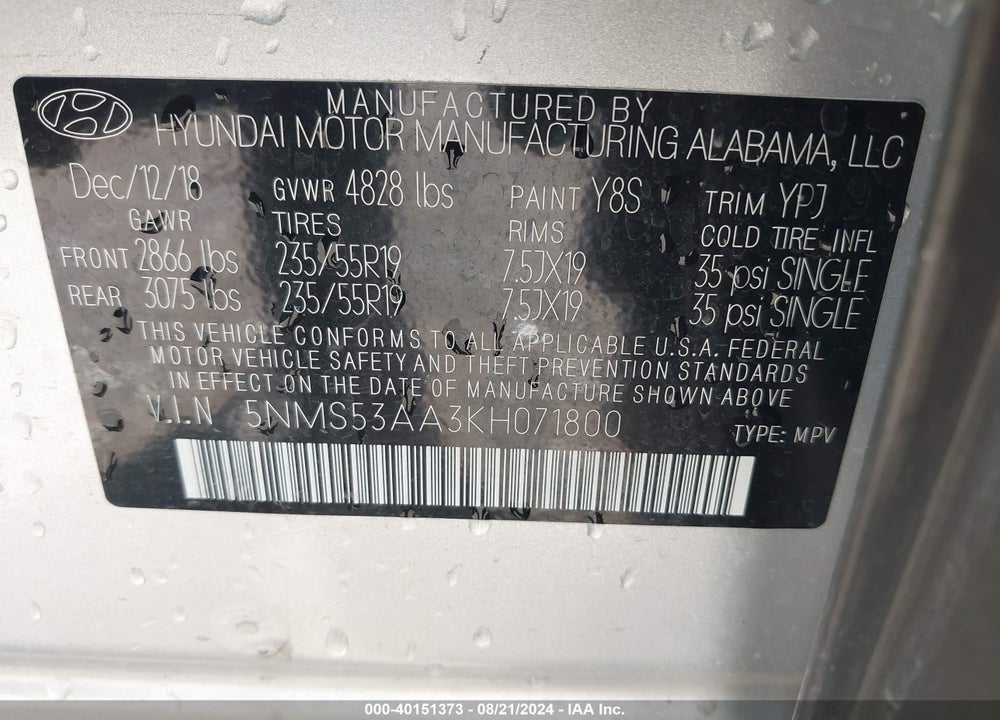 2019 HYUNDAI SANTA FE ULTIMATE 2.0T VIN: 5NMS53AA3KH071800