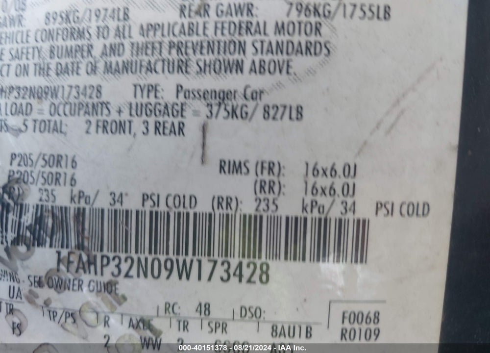 2009 FORD FOCUS SE VIN: 1FAHP32N09W173428