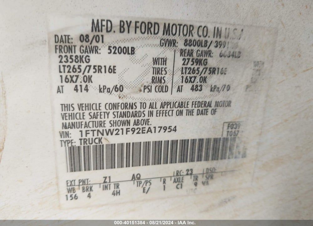 2002 FORD F-250 LARIAT/XL/XLT VIN: 1FTNW21F92EA17954