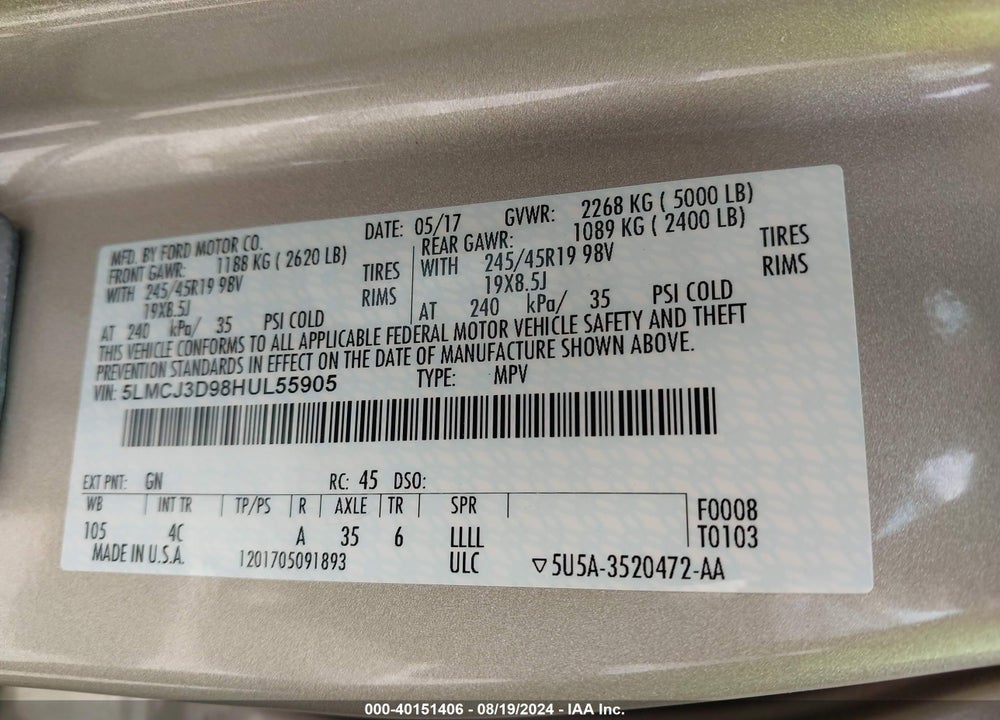 2017 LINCOLN MKC RESERVE VIN: 5LMCJ3D98HUL55905