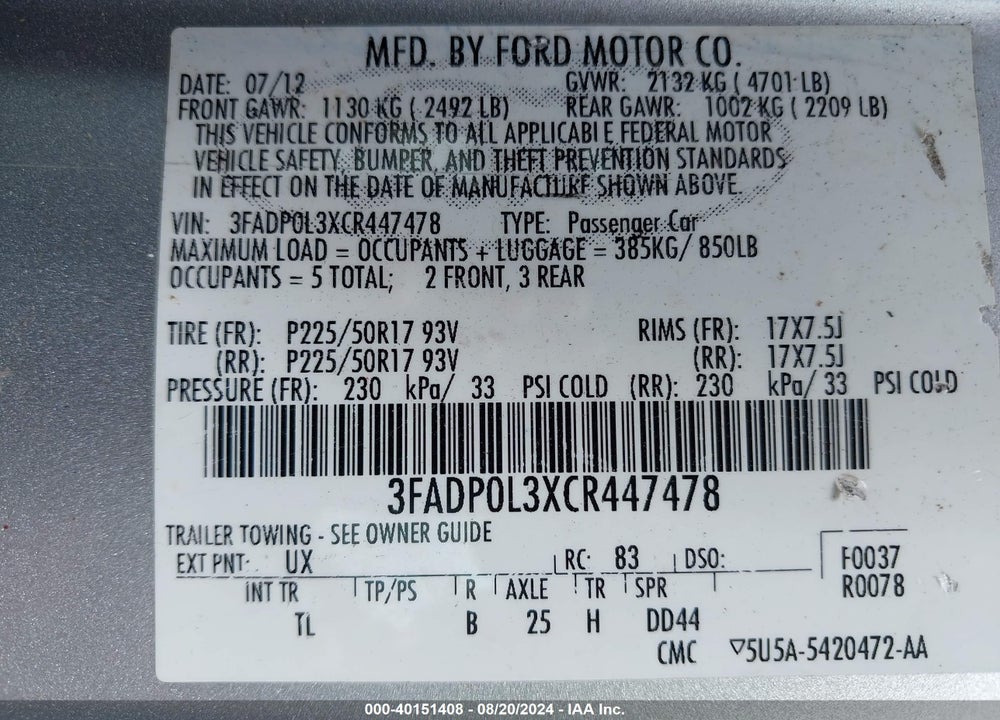 2012 FORD FUSION HYBRID VIN: 3FADP0L3XCR447478
