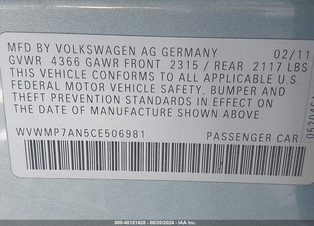 2012 VOLKSWAGEN CC SPORT VIN: WVWMP7AN5CE506981