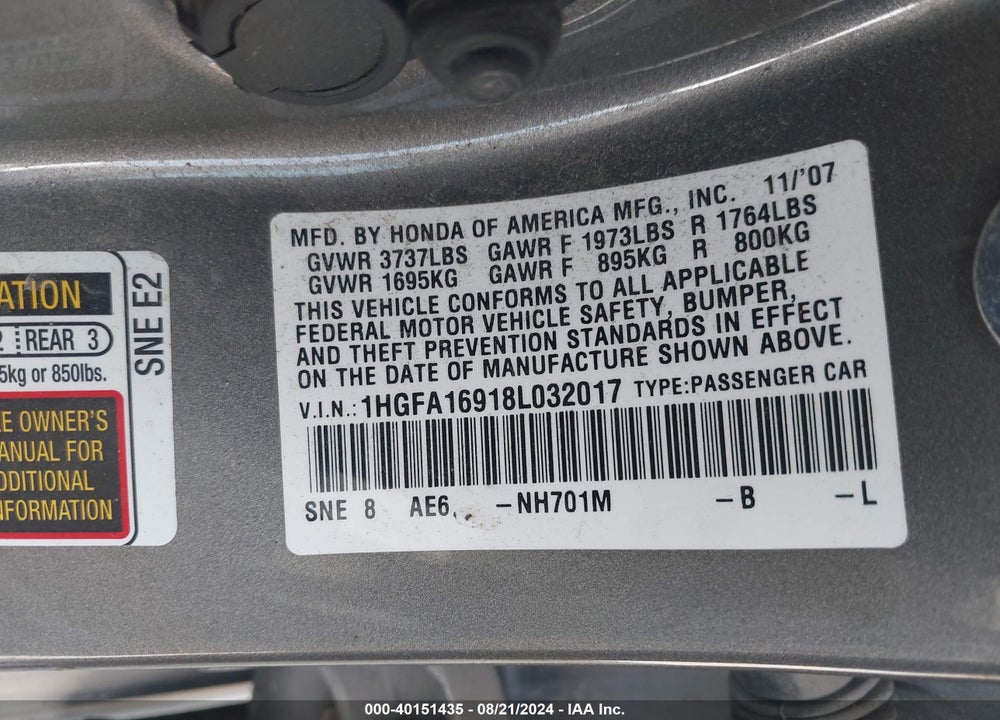 2008 HONDA CIVIC EX-L VIN: 1HGFA16918L032017