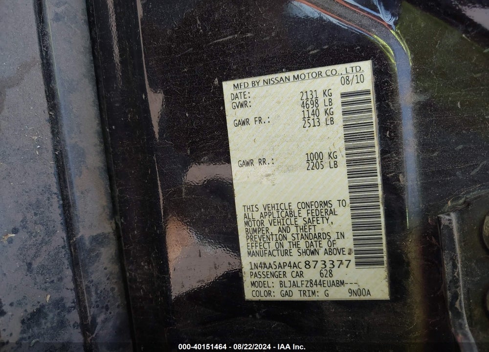 2010 NISSAN MAXIMA 3.5 SV VIN: 1N4AA5AP4AC873377