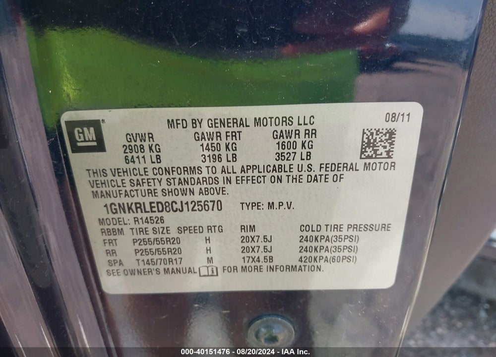 2012 CHEVROLET TRAVERSE LTZ VIN: 1GNKRLED8CJ125670