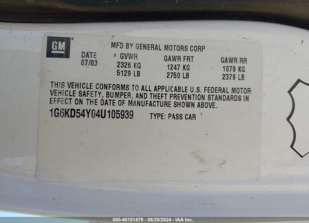 2004 CADILLAC DEVILLE STANDARD VIN: 1G6KD54Y04U105939