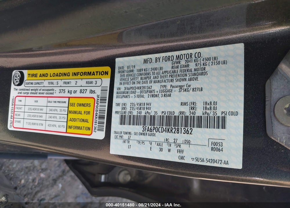 2019 FORD FUSION VIN: 3FA6P0CD4KR281362