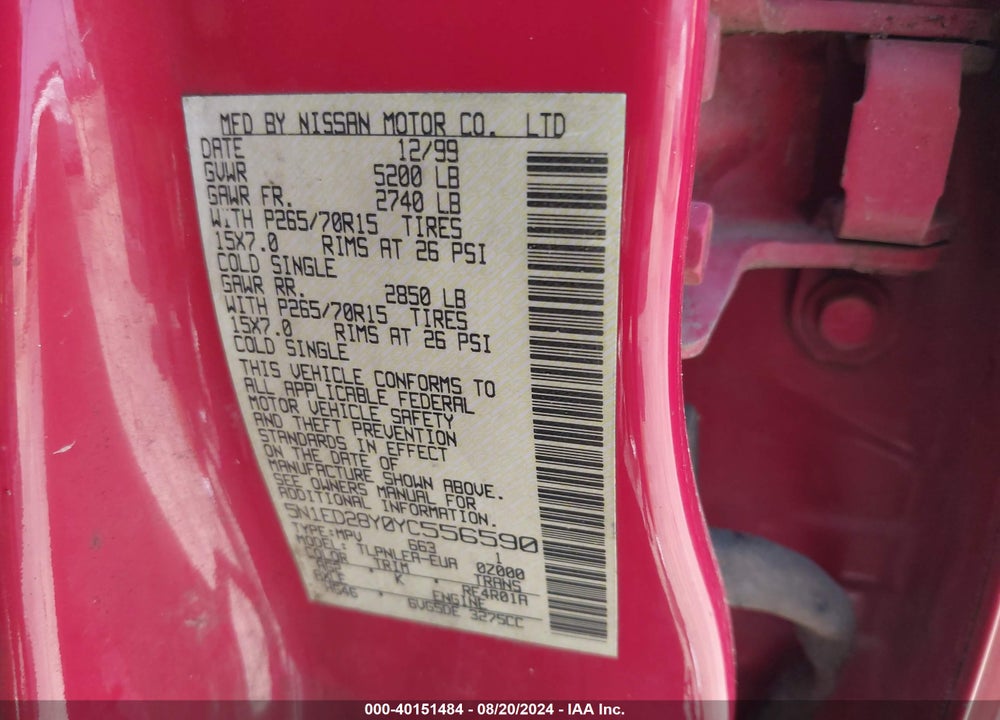 2000 NISSAN XTERRA SE/XE VIN: 5N1ED28Y0YC556590