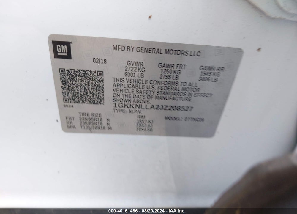 2018 GMC ACADIA SLE-2 VIN: 1GKKNLLA2JZ208527