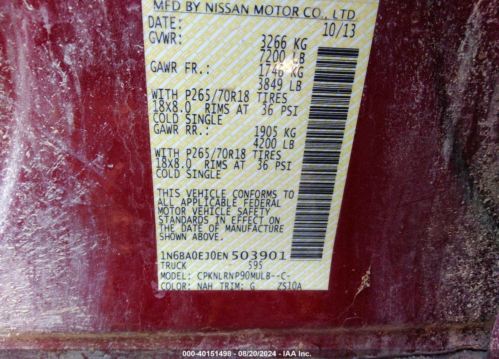 2014 NISSAN TITAN S VIN: 1N6BA0EJ0EN503901