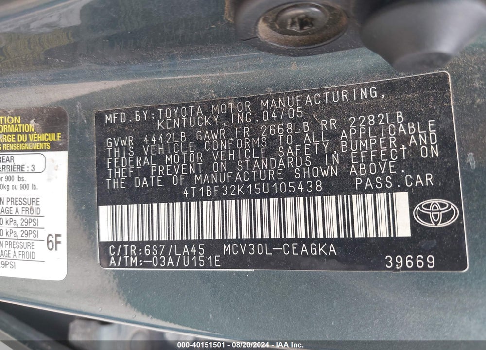 2005 TOYOTA CAMRY XLE V6 VIN: 4T1BF32K15U105438