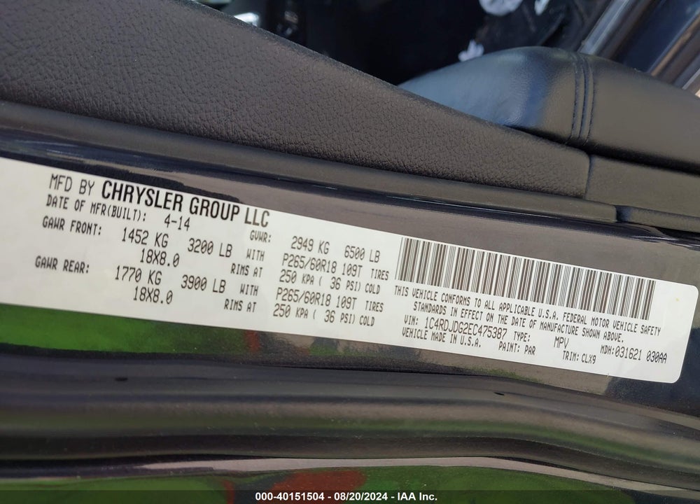 2014 DODGE DURANGO LIMITED VIN: 1C4RDJDG2EC475387