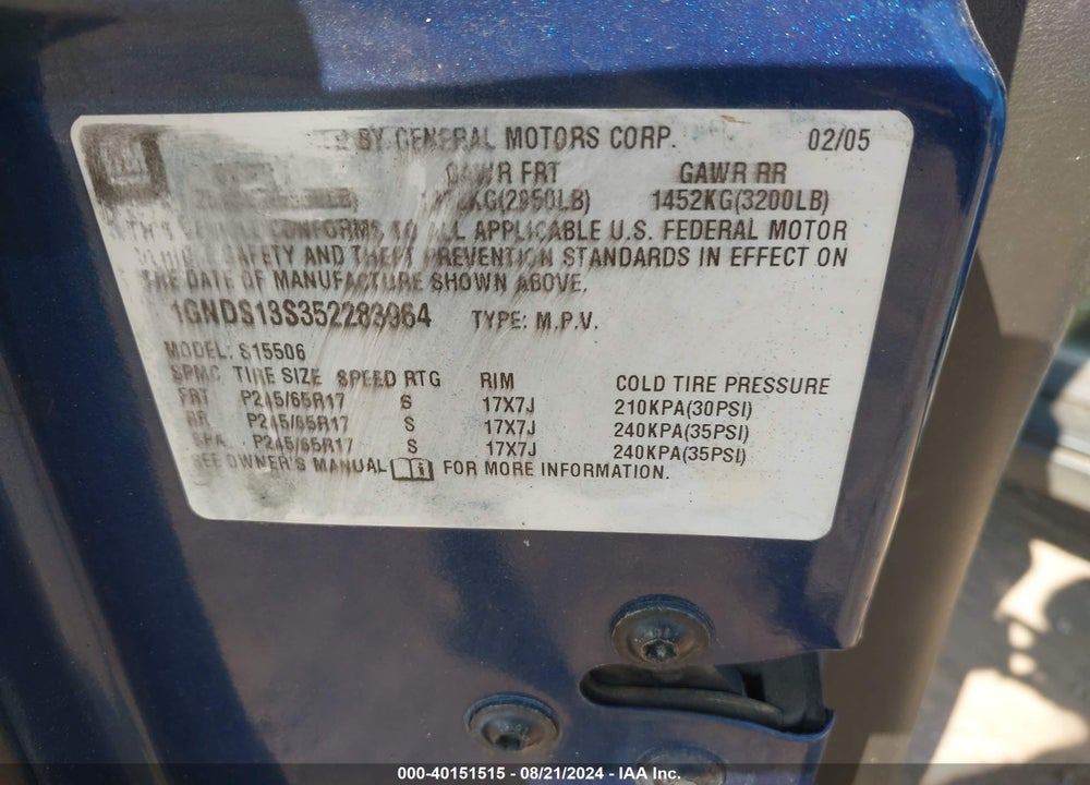 2005 CHEVROLET TRAILBLAZER LT VIN: 1GNDS13S352283964
