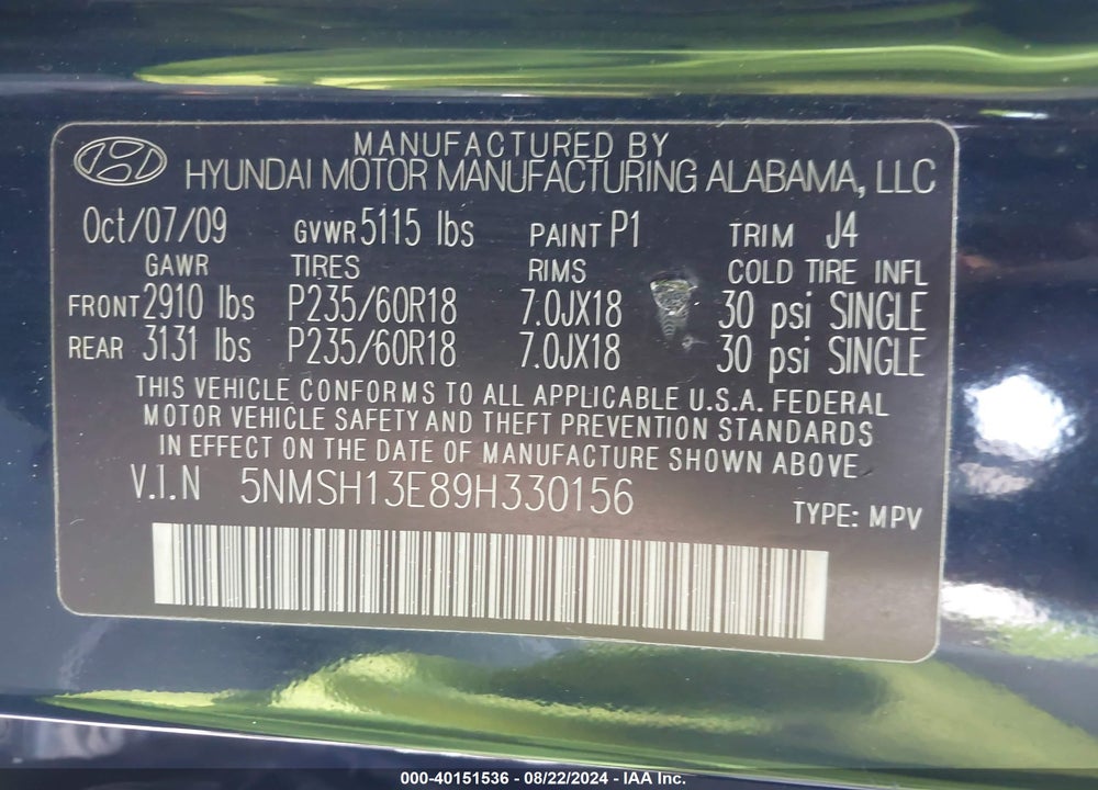 2009 HYUNDAI SANTA FE SE VIN: 5NMSH13E89H330156