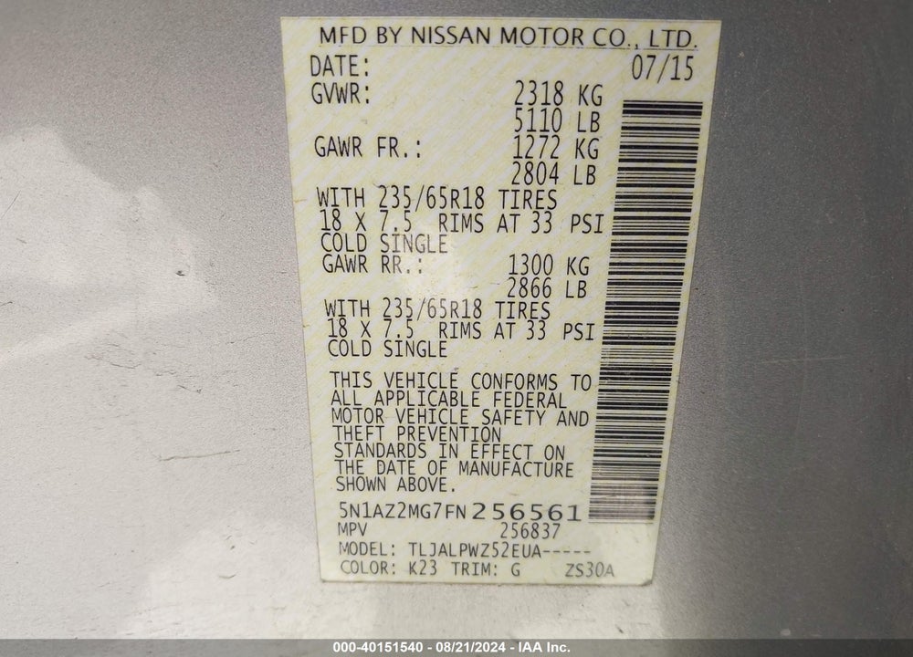 2015 NISSAN MURANO S VIN: 5N1AZ2MG7FN256561
