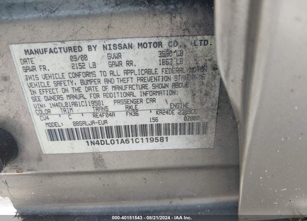 2001 NISSAN ALTIMA GLE VIN: 1N4DL01A61C119581