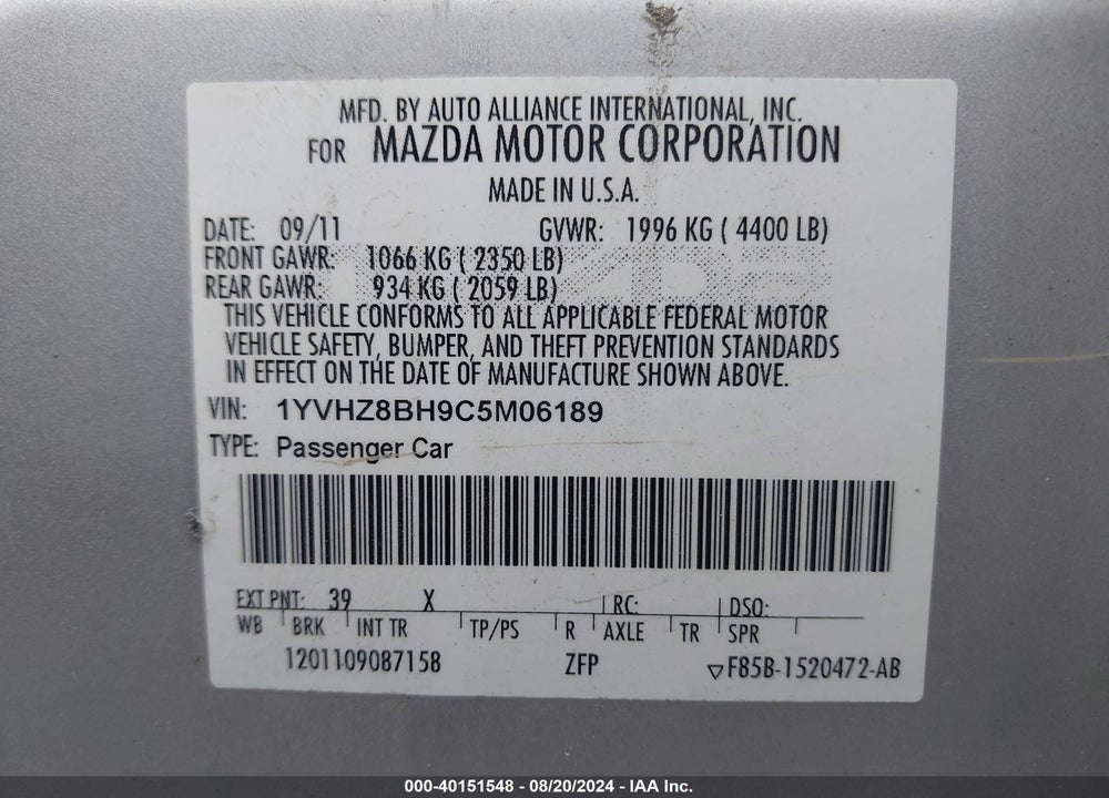 2012 MAZDA 6 I SPORT VIN: 1YVHZ8BH9C5M06189