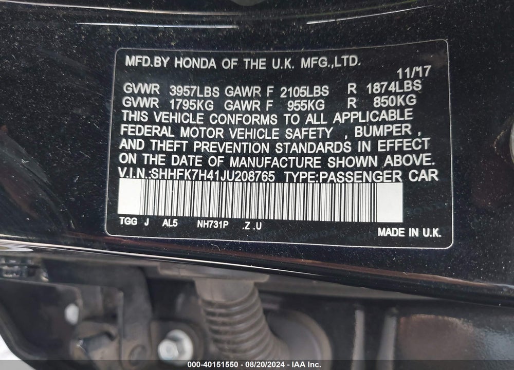 2018 HONDA CIVIC SPORT VIN: SHHFK7H41JU208765