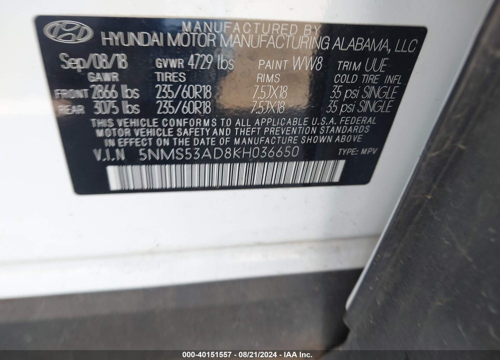 2019 HYUNDAI SANTA FE ULTIMATE VIN: 5NMS53AD8KH036650
